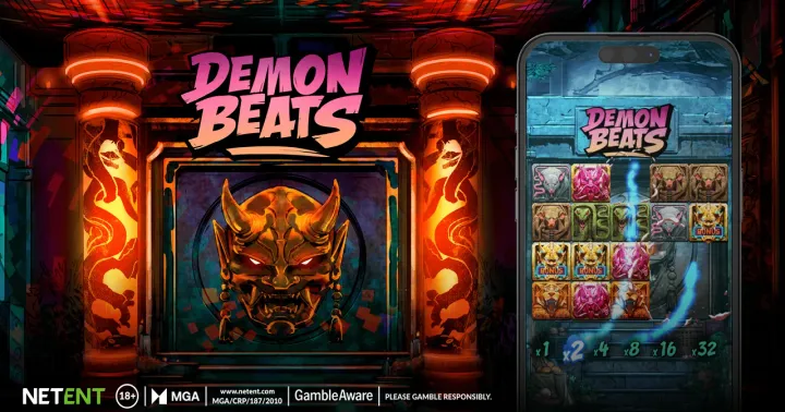 NetEnt Demon Beats slot banner and 5x4 Avalanche multiplier ladder preview