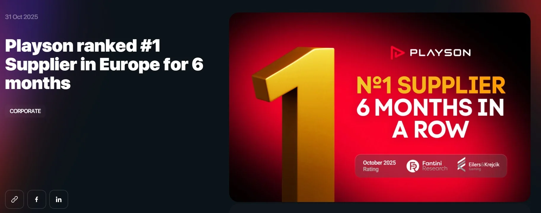 Playson number one in Europe for the sixth time