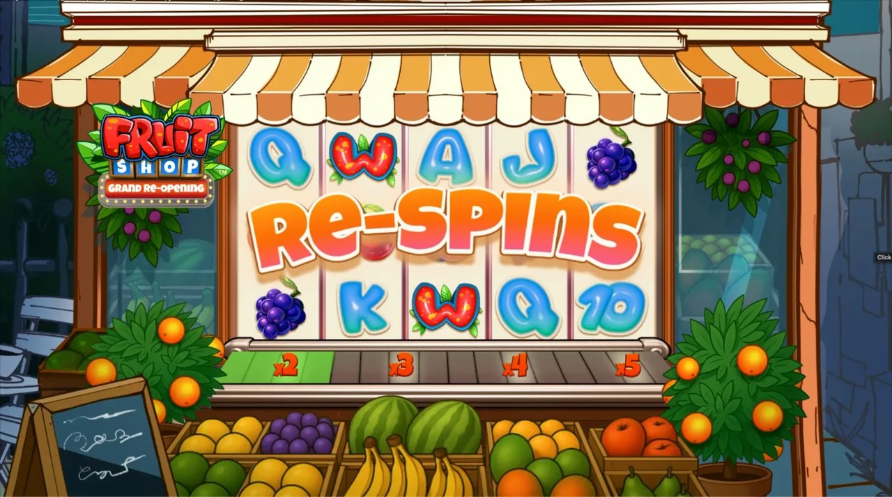Fruit Shop Grand Re-Opening gameplay showing the Flavor Meter and fruit reels