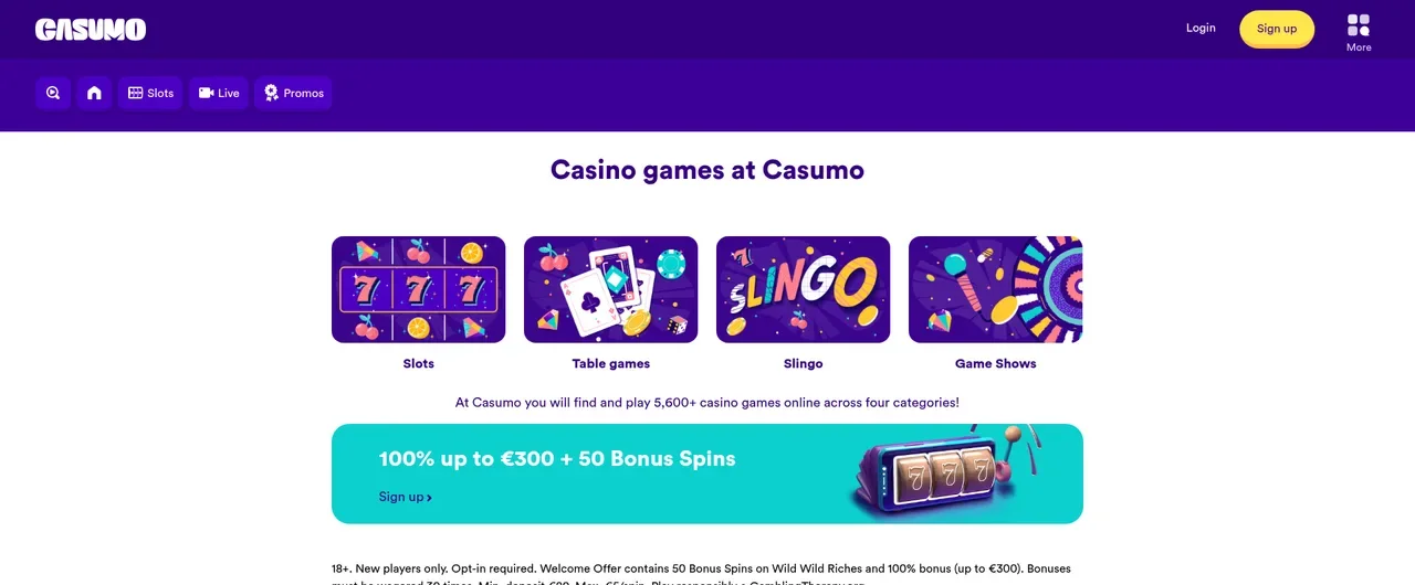 Casumo Casino category overview: Slots, Table Games, Slingo and Live Game Shows