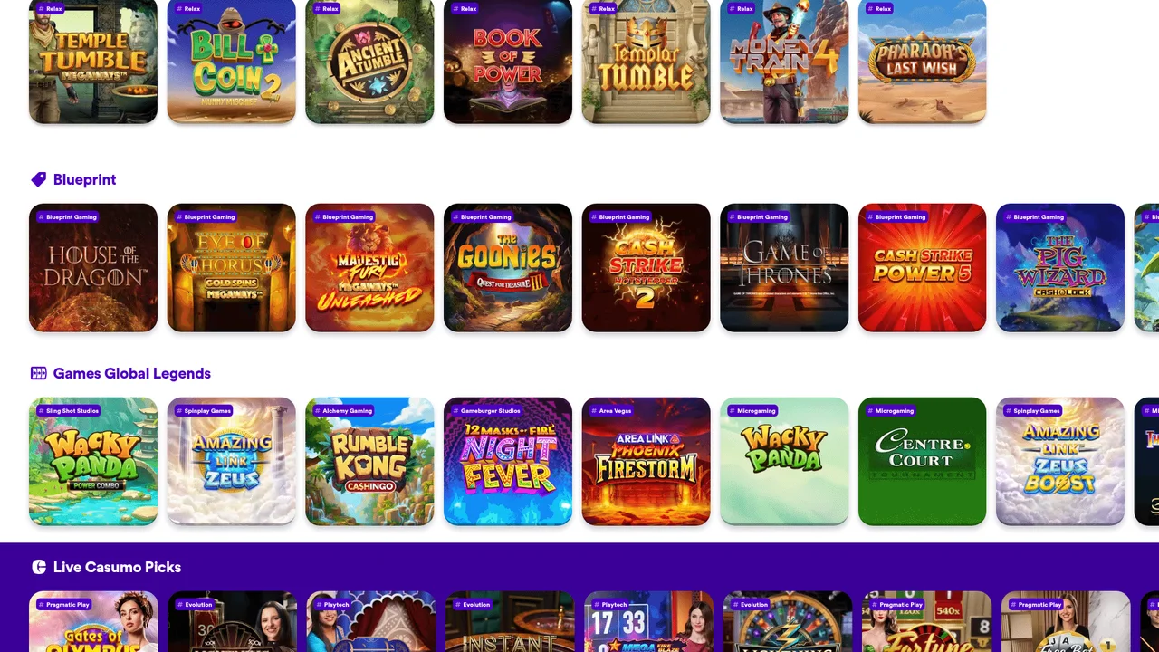 Casumo provider rows featuring Relax Gaming, Blueprint, Games Global Legends and Live Casumo Picks