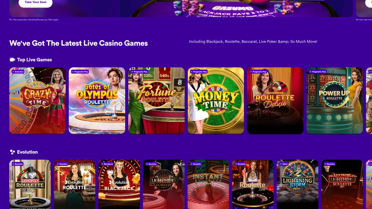 Casumo Live Casino lobby with Evolution Roulette, Blackjack and Game Show tables