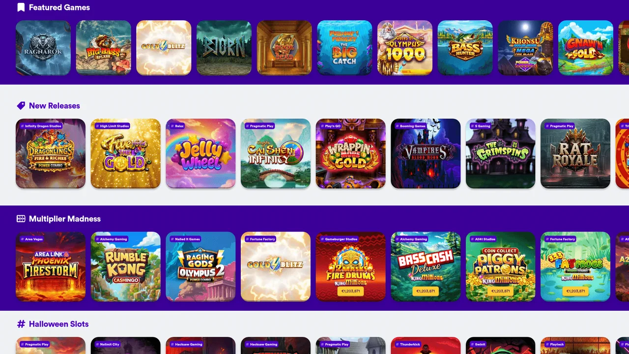 Casumo slot lobby showing Featured Games, New Releases and €1,203,871 King Millions progressive jackpots