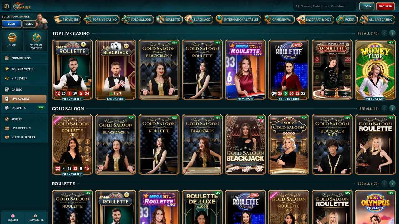 MyEmpire Live Casino lobby with Gold Saloon Blackjack and Speed Roulette tables in EUR