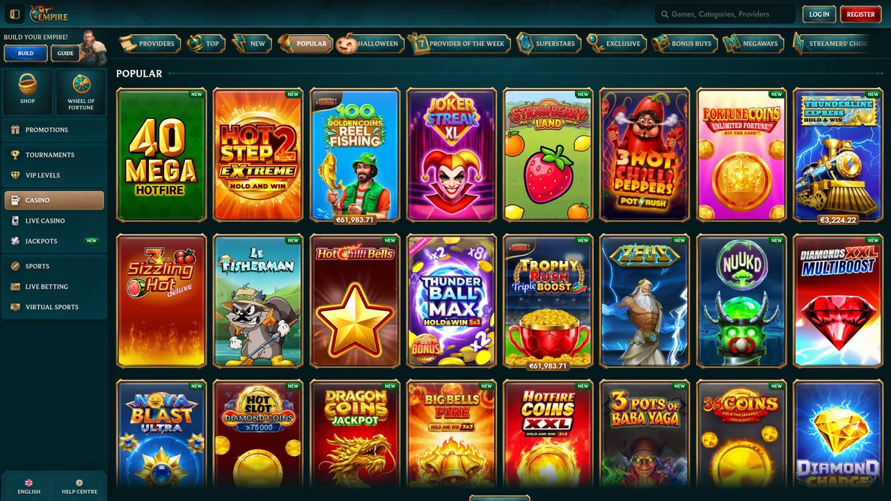 MyEmpire Popular Slots lobby showing 100 Golden Coins Reel Fishing €61,983 jackpot, Le Fisherman, Zeus and category filters