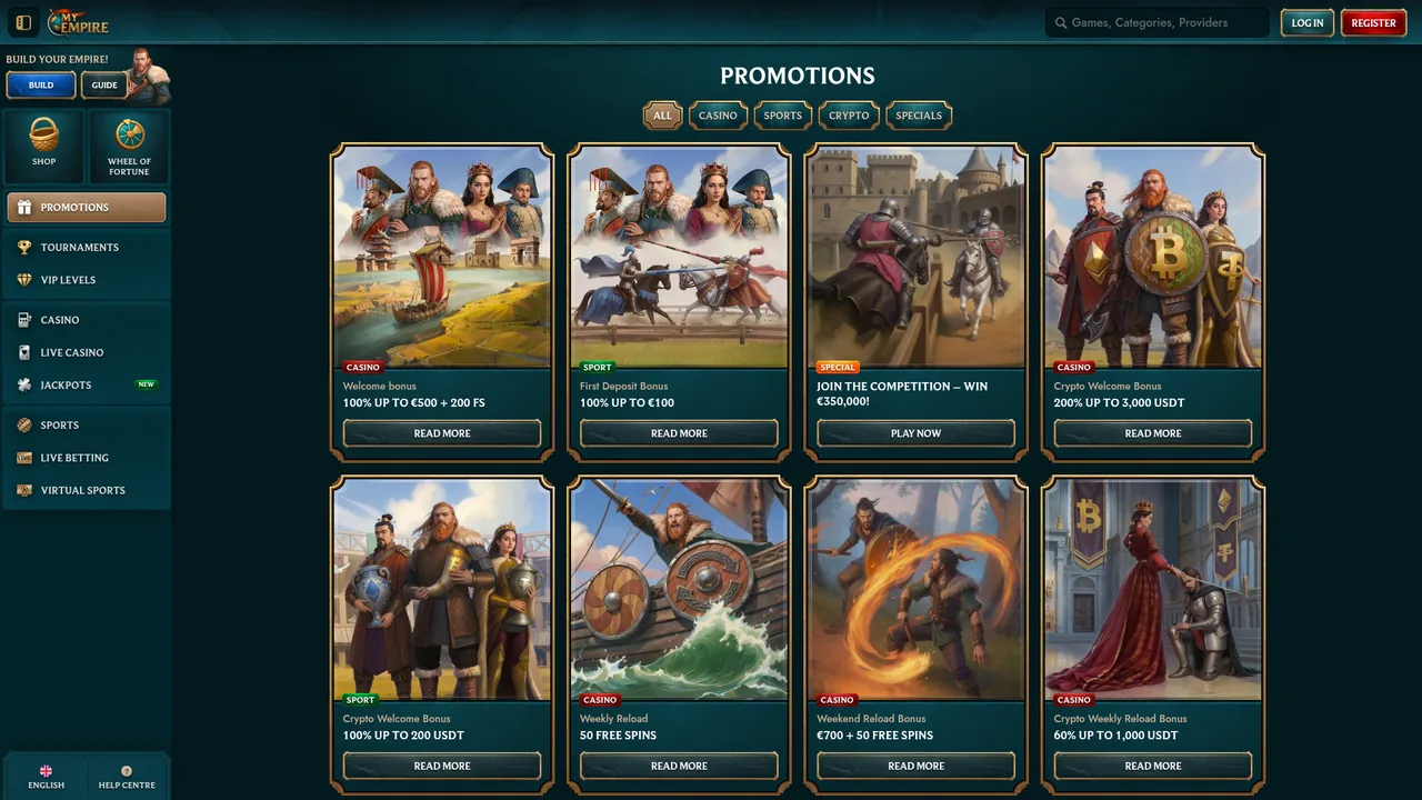 MyEmpire Casino promotions page showing 100% up to €500 + 200 FS and Crypto Welcome Bonus