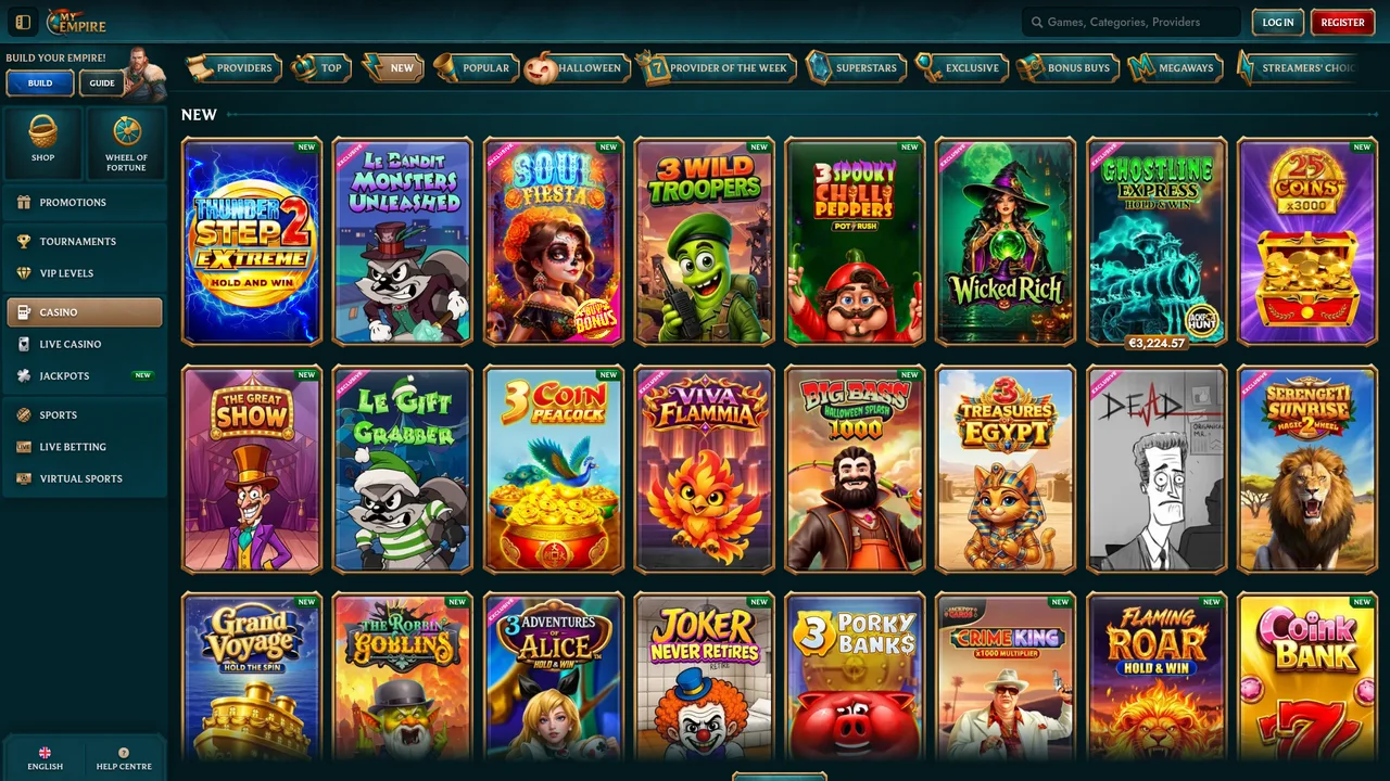 MyEmpire Casino slot grid featuring Le Bandit Monsters Unleashed, Big Bass Halloween Splash 1000 and €3,224 Jackpot Hunt