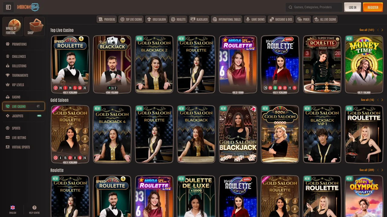 Neon54 Live Casino lobby featuring Gold Saloon Roulette and Blackjack with EUR table limits
