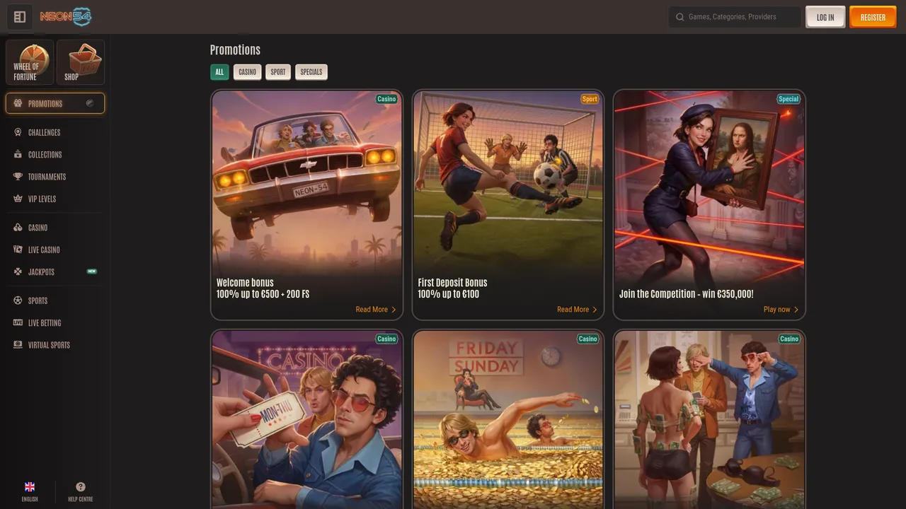 Neon54 Casino promotions showing 100% up to €500 + 200 Free Spins welcome bonus