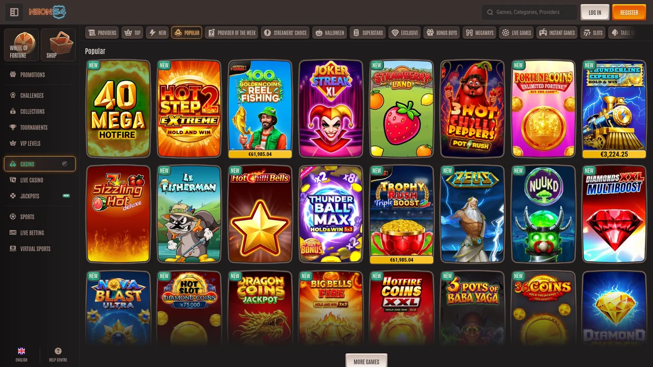 Neon54 Popular Slots lobby featuring 100 Golden Coins €61,985 jackpot, Le Fisherman, Thunder Ball Max and Zeus