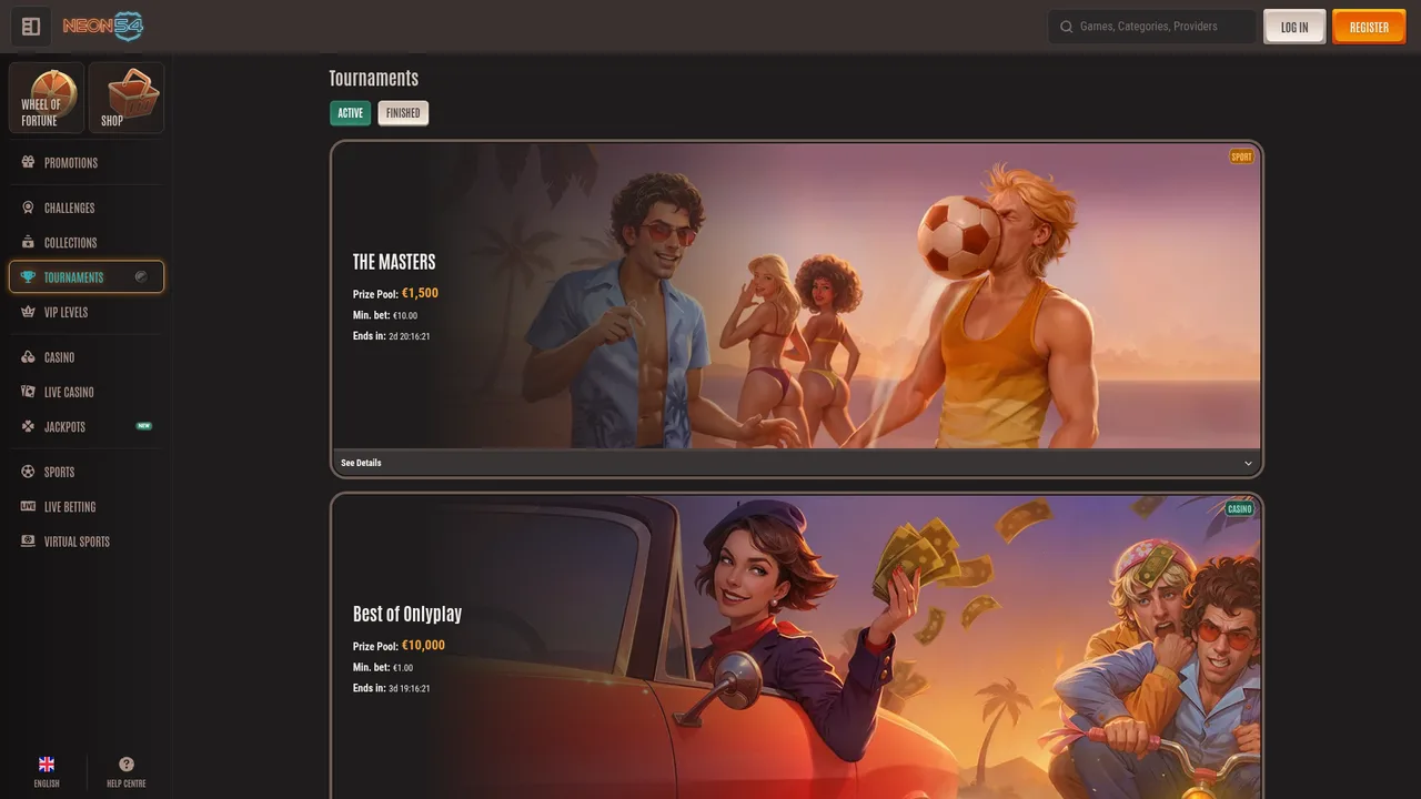 Neon54 Casino active slot and live casino tournaments in EUR