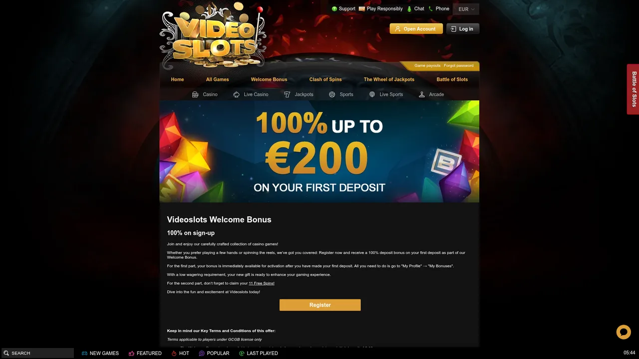 Videoslots 100% up to €200 incremental welcome bonus and 11 wager-free Starburst spins overview