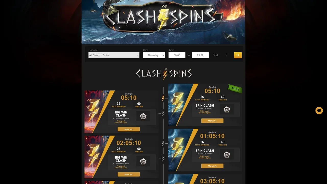 Videoslots Clash of Spins live slot races and leaderboard tournament schedule
