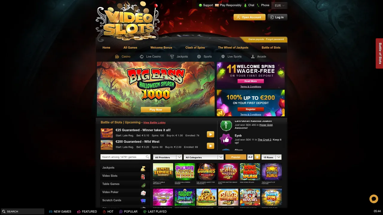 Videoslots Casino EUR welcome offer: 11 Wager-Free Welcome Spins + 100% up to €200 bonus