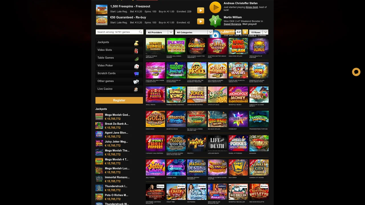 Videoslots 14,781-game browser with studio filter bar, €15.7M Mega Moolah jackpot and popular video slots