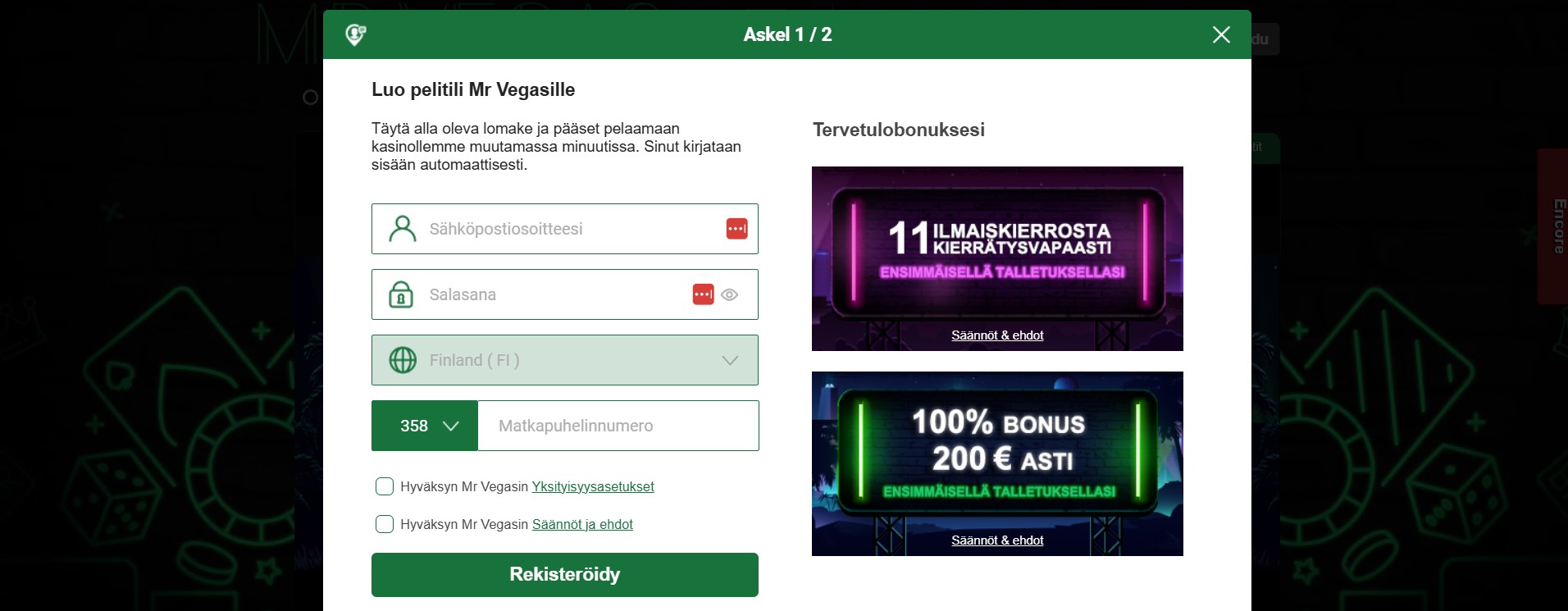 Kasinolle rekisteröityminen on ilmaista