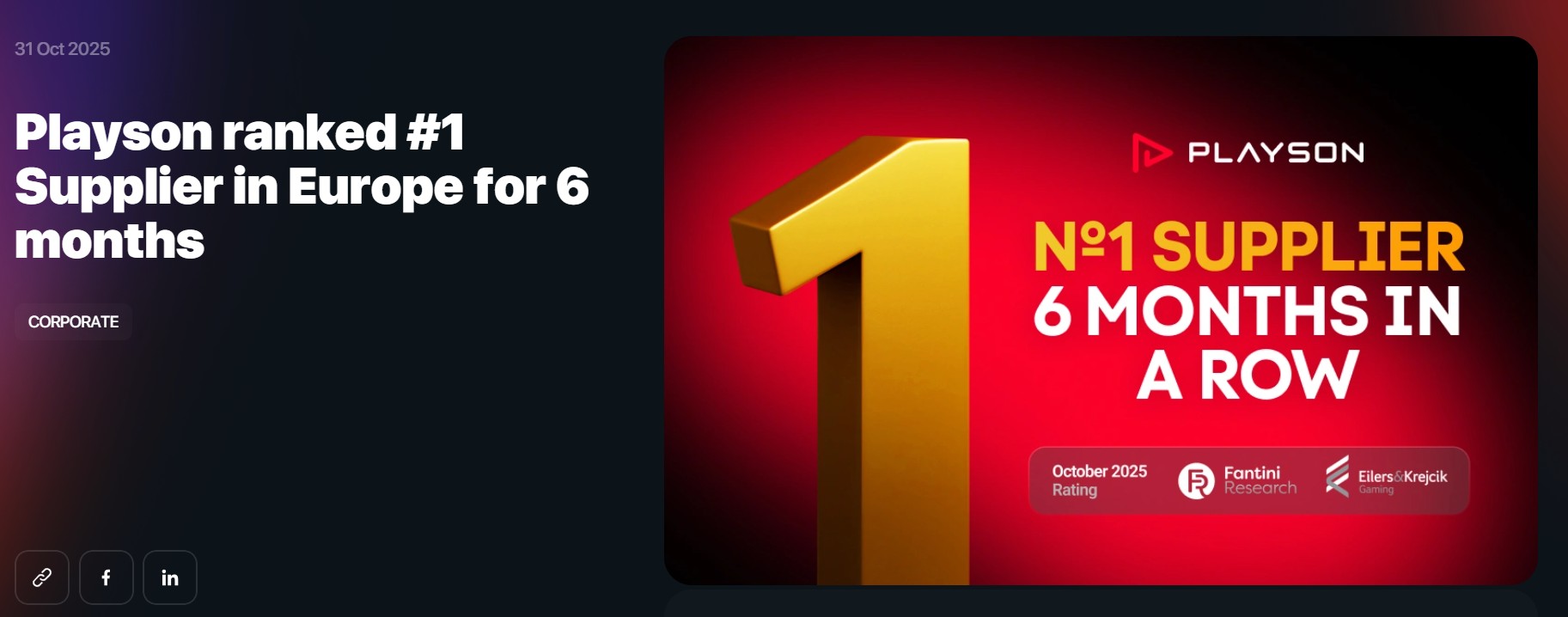 Playson Euroopan ykkösenä kuudetta kertaa