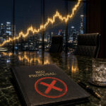 Rejected bid proposal folder on a dark boardroom table, with a rising gold chart in the background