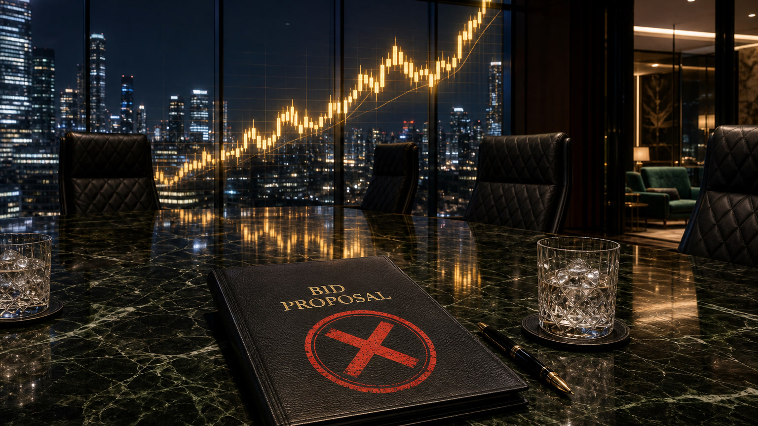 Rejected bid proposal folder on a dark boardroom table, with a rising gold chart in the background